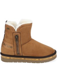 Bottines en daim marron avec une doublure en fausse fourrure, zip sur le côté et ruban avec logo sur le talon. Dotées d'une semelle en caoutchouc marron avec des détails de logo.