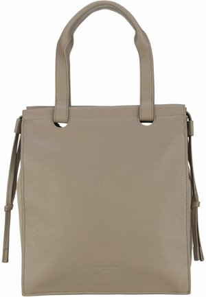 Sac à main en cuir beige avec deux poignées supérieures et des détails de cordon sur les côtés, forme rectangulaire, texture lisse, sans fermeture visible.