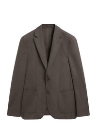 Blazer marrone in tessuto strutturato con design monopetto, rever a incavo, due tasche frontali e due bottoni. Vestibilità semplice e sartoriale.