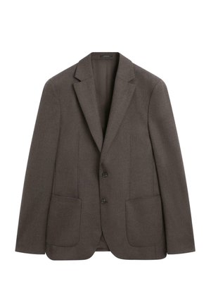 Bruine blazer van een gestructureerde stof met een enkelrijig ontwerp, notch-revers, twee steekzakken aan de voorkant en twee knopen. Eenvoudig en getailleerd model.