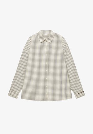 Fehér gombos hosszú ujjú ing kék és bézs kockás mintával, hegyes gallérral, laposan elhelyezve.