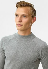 Grauer, taillierter Pullover mit Stehkragen, aus einem weichen Strickstoff gefertigt. Verfügt über Raglanärmel und eine glatte Textur.