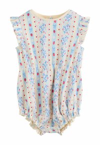 Kombinezon niemowlęcy w kremowym kolorze z kwiatowym wzorem, ozdobiony niebieskimi paskami, czerwonymi serduszkami oraz falbankami na ramionach. Dół z elastycznym marszczeniem.