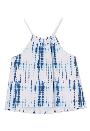 Weißes ärmelloses Neckholder-Top mit blauen Tie-Dye vertikalen Streifen und dünnen Schulterriemen, mit kleinem schwarzem Logo unten rechts.