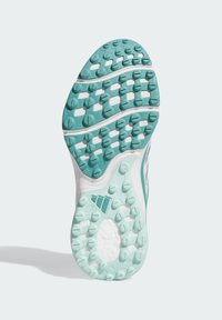 Türkisfarbener Laufschuhsohle mit strukturiertem Gummi-Grip, ausgestattet mit einer weißen Zwischensohle und geometrischen Mustern für besseren Halt.