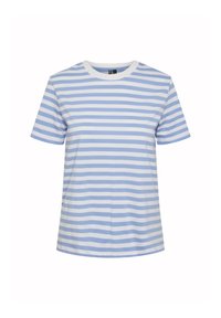 Tricou cu mâneci scurte cu dungi orizontale albastru deschis și alb, gât rotund și croială regulată.