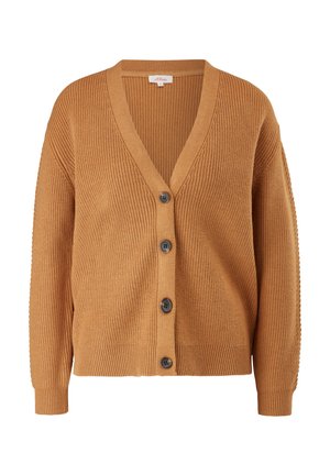 Light brown ribbed cardigan with a V-neck, five dark buttons down the front, and textured sleeves. Made of soft, knitted fabric.