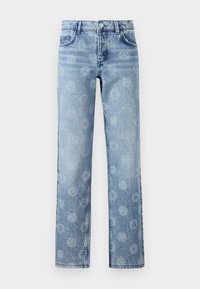 Jeans in denim azzurro chiaro con una finitura leggermente sbiadita, caratterizzati da un motivo floreale, cinque tasche e una vestibilità dritta.