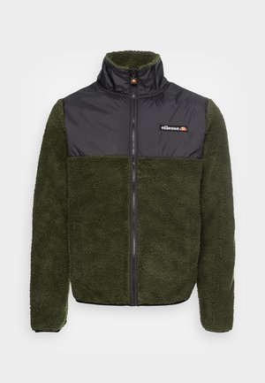 Olive green fleece jacket with a black nylon upper portion, full zipper, high collar, and text logo on the chest; textured material.