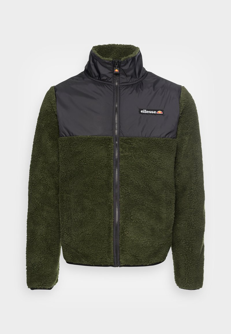 Oliegrøn fleecejakke med en sort nylon øverste del, fuld lynlås, høj krave og tekstlogo på brystet; struktureret materiale.