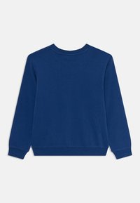 Zila garām piedurknēm džemperis ar apaļu kakla izgriezumu, ribotām piedurknēm un apakšmalu, izgatavots no mīksta kokvilnas materiāla, ar gludu tekstūru.