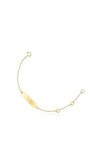 Pulsera de cadena de oro con una etiqueta rectangular lisa y pequeñas perlas blancas. Los eslabones texturizados aportan interés visual a lo largo de la longitud.