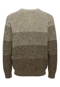 Brązowy i beżowy sweter w paski z teksturowanym splotem, okrągłym dekoltem, długimi rękawami oraz ściągaczami przy mankietach i u dołu.