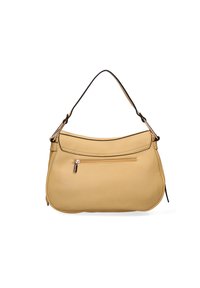 Sac à main en cuir tan avec une forme incurvée, une poche avant zippée, et une seule anse supérieure. Couture contrastée et texture lisse.