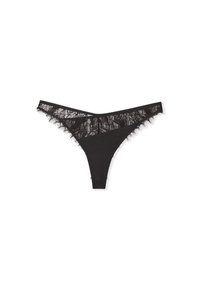 String noir avec des détails en dentelle le long de la taille et des jambes, présentant un corps en tissu lisse et un design minimaliste.