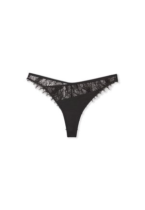 Tanga negro con detalles de encaje en la cintura y las piernas, con un cuerpo de tela suave y un diseño minimalista.
