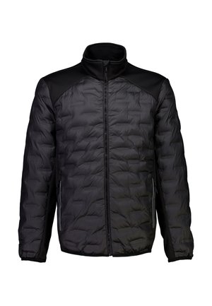 Sort isoleret jakke med quiltet design, høj krave og kontrasterende glatte skulderpaneler. Omfatter lynlåslommer i siden.