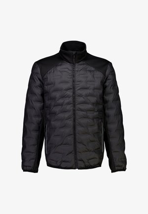 Giacca nera isotermica caratterizzata da un design trapuntato, colletto alto e pannelli spalle lisci a contrasto. Include tasche laterali con zip.