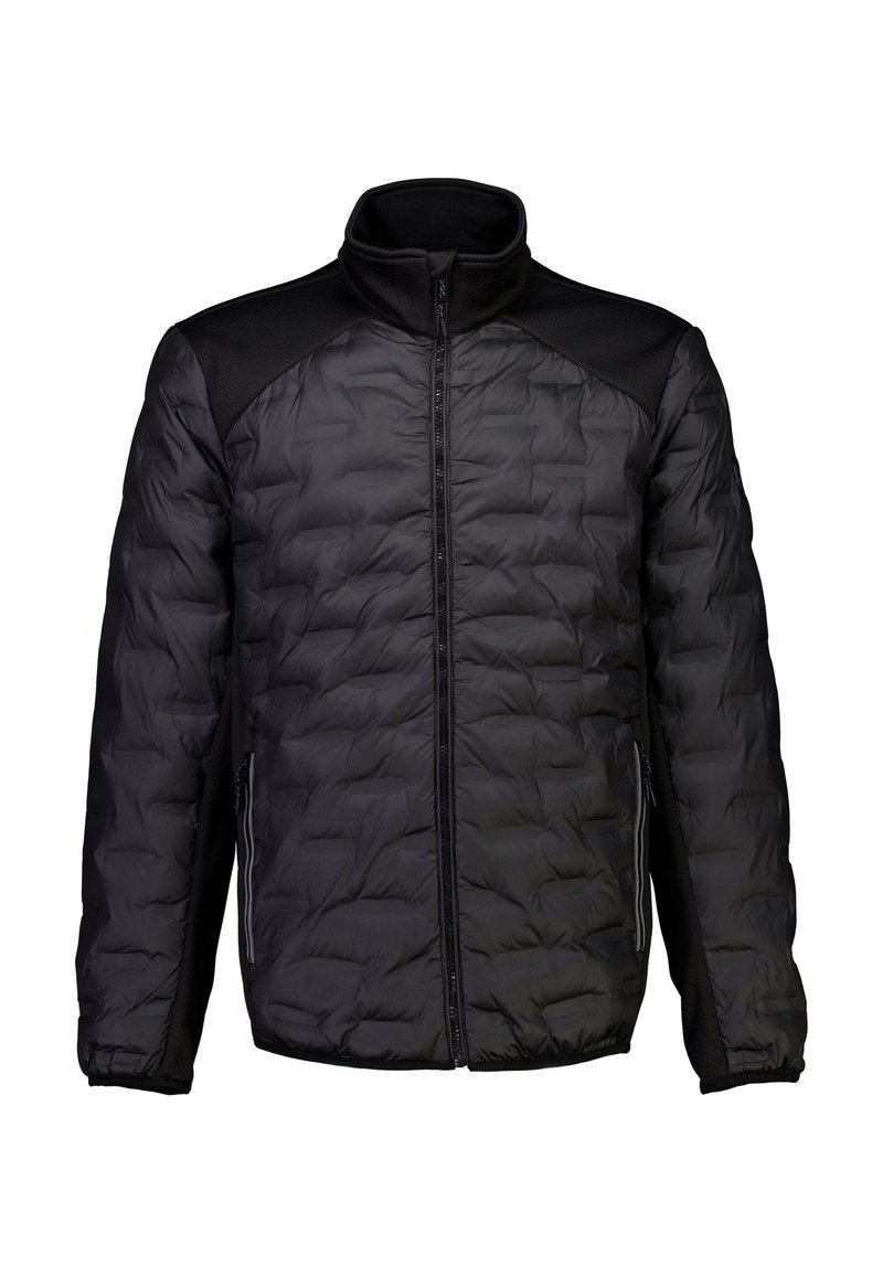 Giacca nera isotermica caratterizzata da un design trapuntato, colletto alto e pannelli spalle lisci a contrasto. Include tasche laterali con zip.