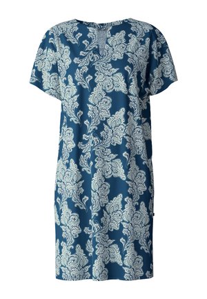 Abito a maniche corte in tessuto blu scuro con un motivo floreale bianco. Scollo a V con un piccolo taglio sul retro. Materiale leggero.