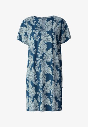 Kurzarmkleid aus dunkelblauem Stoff mit einem weißen Blumenmuster. V-Ausschnitt mit einem kleinen Ausschnitt auf der Rückseite. Leichtes Material.