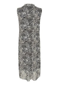 Robe longue sans manches avec motif zèbre noir et blanc, col montant et coupe droite, vue de dos.