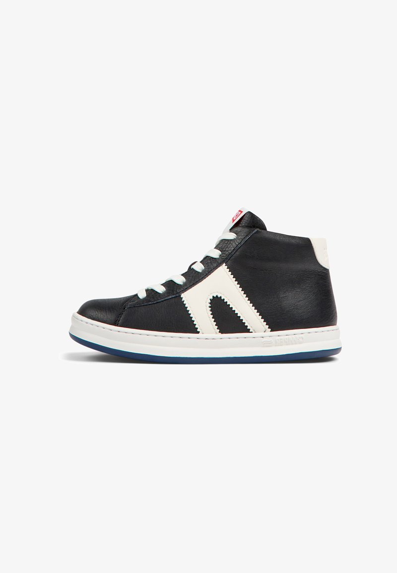 Black high-top sneaker with white leather accents, textured upper, traditional lace-up closure, and a rubber sole with blue detailing.