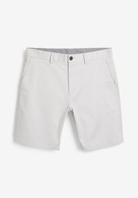 Helle graue Shorts aus Baumwolle mit glatter Textur, die über Fronttaschen, einen Knopfverschluss und einen Bund mit kontrastierendem Innenfutter verfügt.