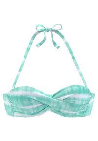 Bunt gefärbter Bikini-Oberteil in Mintgrün und Weiß. Verfügt über ein Design mit gedrehter Front, verstellbare Nackenbänder und eine glatte Stofftextur.