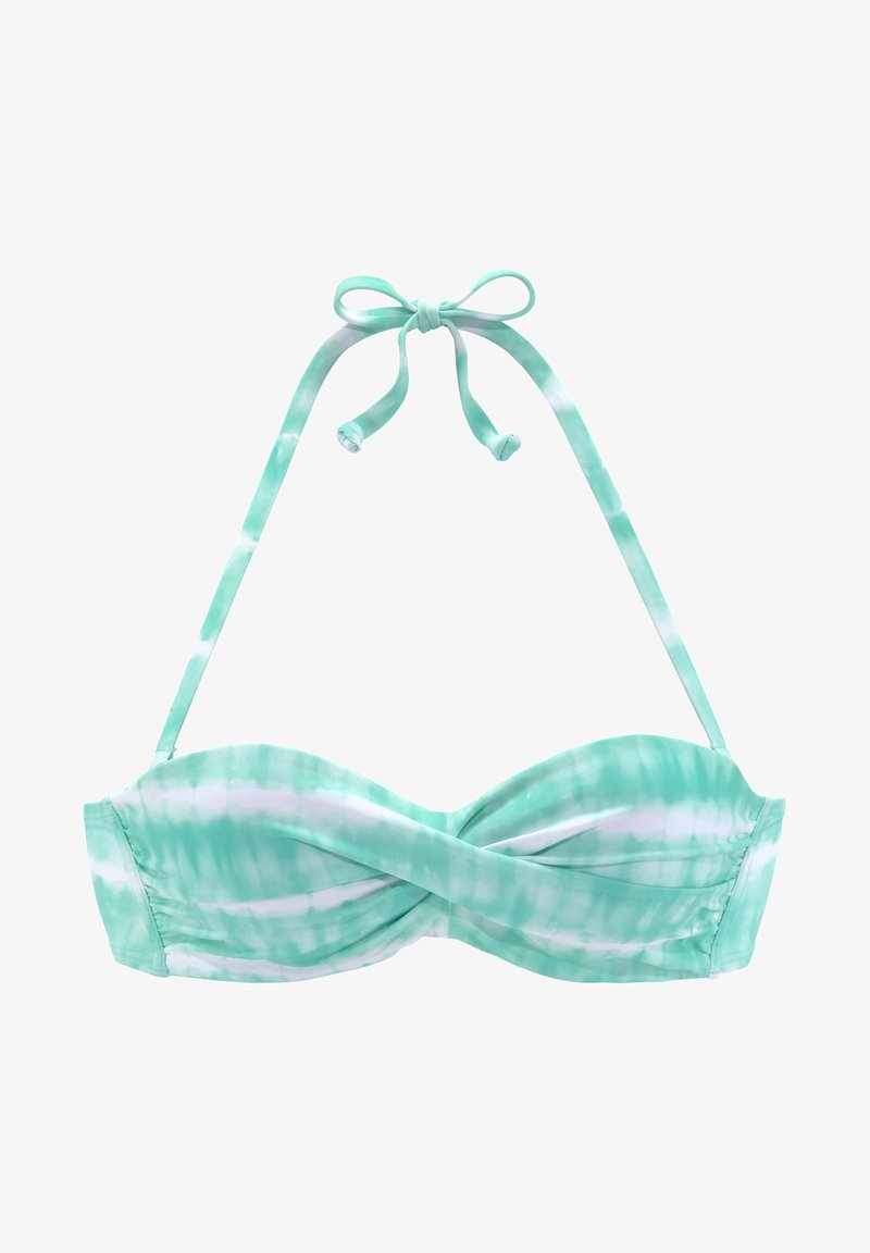 Bunt gefärbter Bikini-Oberteil in Mintgrün und Weiß. Verfügt über ein Design mit gedrehter Front, verstellbare Nackenbänder und eine glatte Stofftextur.