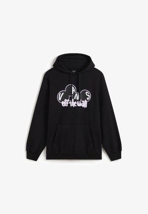 Felpa nera con cappuccio in misto cotone, dotata di una tasca anteriore a marsupio, cappuccio con cordino e un grafiche del logo Vans bianco e viola.
