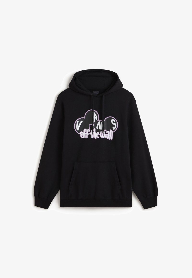 Sudadera negra hecha de una mezcla de algodón que cuenta con un bolsillo tipo canguro en la parte frontal, capucha con cordón y un gráfico del logo de Vans en blanco y morado.