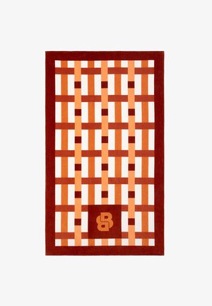 Rug with a red and orange woven grid pattern and a square with the stylized letters "BB" near the bottom center.