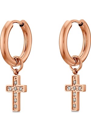 Boucles d’oreilles créoles en or rose avec petits pendentifs croix ornés de six petites pierres claires chacune, présentées sur fond blanc.