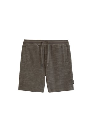 Braune Strickshorts mit elastischem Bund, Kordelzug und Seitentaschen, flach auf weißem Hintergrund dargestellt.
