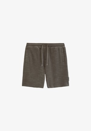 Braune Strickshorts mit elastischem Bund, Kordelzug und Seitentaschen, flach auf weißem Hintergrund dargestellt.