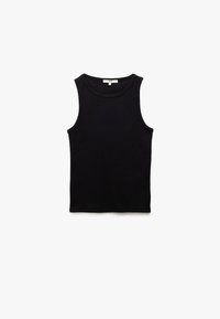 Zwart geribbeld tanktop met een ronde halslijn en mouwloos ontwerp, gemaakt van zacht materiaal en met een figuurvormende structuur.