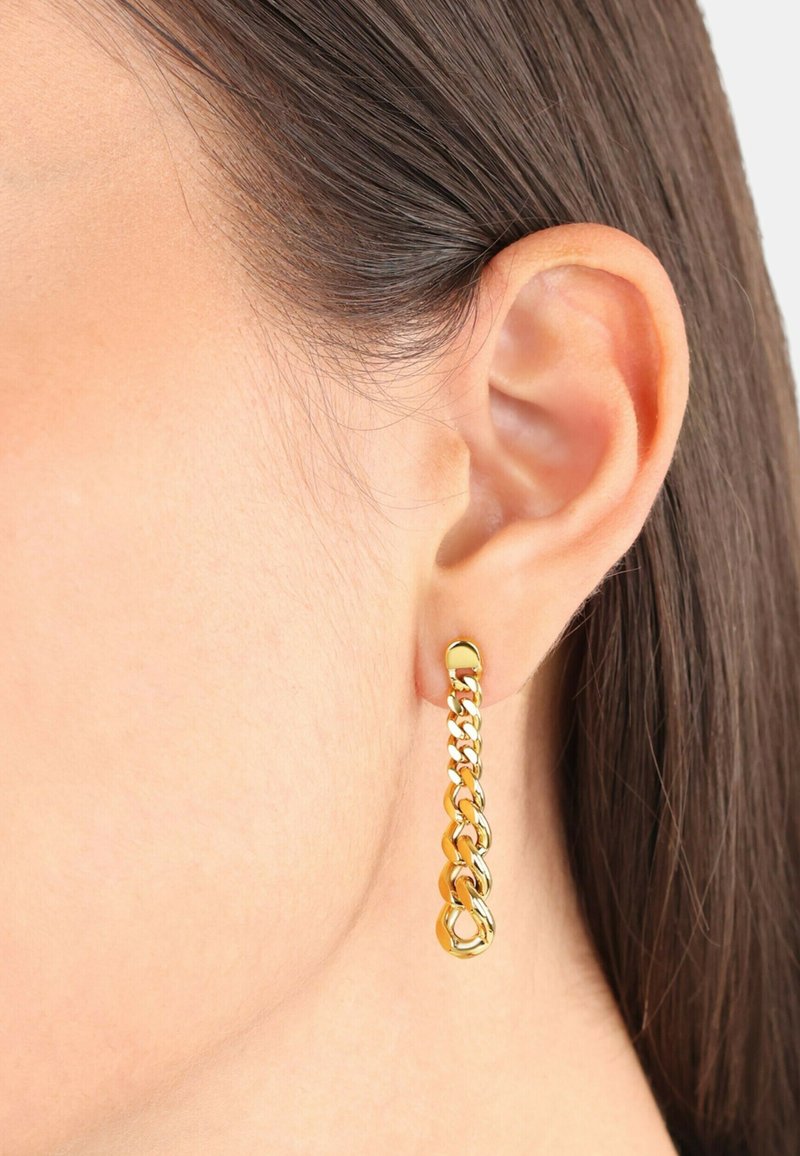 Pendientes de cadena de oro con un diseño vertical, que presentan eslabones suaves y brillantes, y una textura ligera, colgando cerca del lóbulo de la oreja.