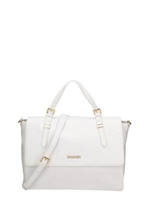 Borsa in ecopelle bianca con forma strutturata, dettagli in metallo dorato, tracolla rimovibile e chiusura a pattina.