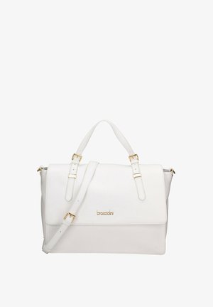 Sac à main en simili cuir blanc avec une forme structurée, accents en métal doré, bandoulière amovible et fermeture à rabat.
