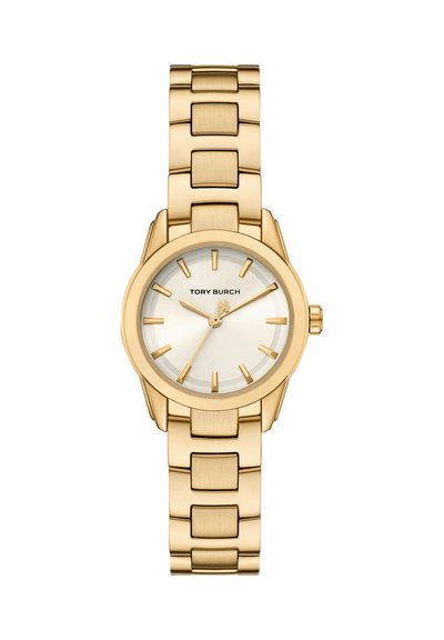 Gold-tone Tory Burch wristwatch with linked bracelet, round white dial, gold hour markers, and three hands including a second hand.