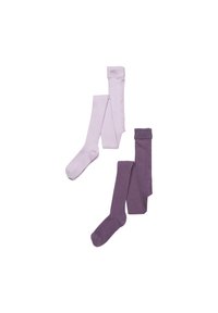 Twee paar geribde panty’s: één in lichtpaars en één in donkerpaars, beide gemaakt van zacht materiaal met een gladde textuur.