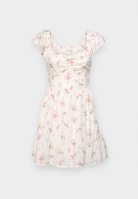 Klänning med blommigt mönster, korta volangärmar, fyrkantig halsringning och åtsittande liv. Lätt tyg med ett lager på lagret kjol och rosa blommor.