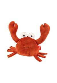 Soft plush crab toy with a rounded orange body, white eyes, and two raised claws. Features multiple short legs and a smiling mouth.