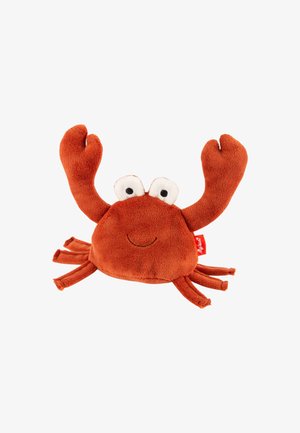 Soft plush crab toy with a rounded orange body, white eyes, and two raised claws. Features multiple short legs and a smiling mouth.