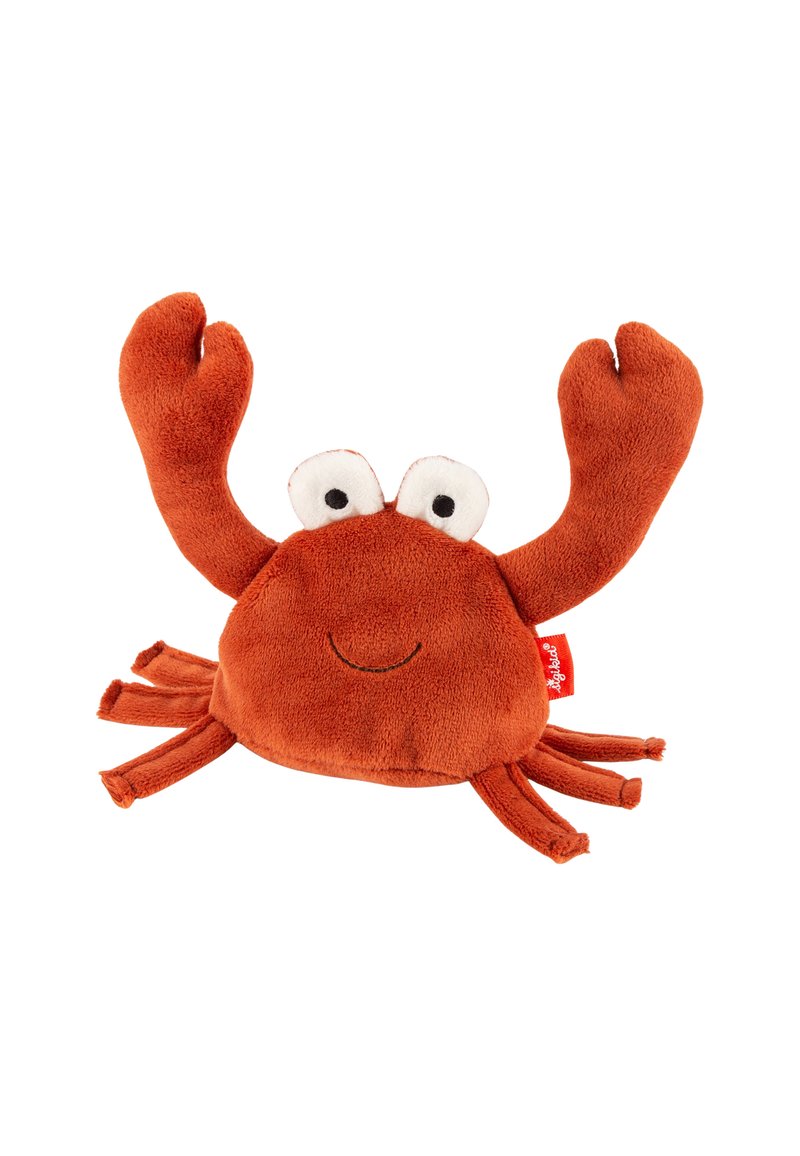 Soft plush crab toy with a rounded orange body, white eyes, and two raised claws. Features multiple short legs and a smiling mouth.