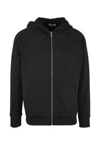 Fekete cipzáras kapucnis pulóver elülső zsebekkel, bordás mandzsettákkal és szegéllyel, valamint rögzített kapucnival.