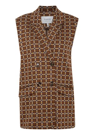 Brązowa, w kratę bezrękawnikowa marynarka z klapami, podwójnym zapięciem, dwoma przednimi kieszeniami i guzikami. Materiał strukturalny.