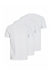 Drei weiße Baumwoll-T-Shirts, von hinten betrachtet, mit Rundhalsausschnitt, kurzen Ärmeln und glatter Textur.