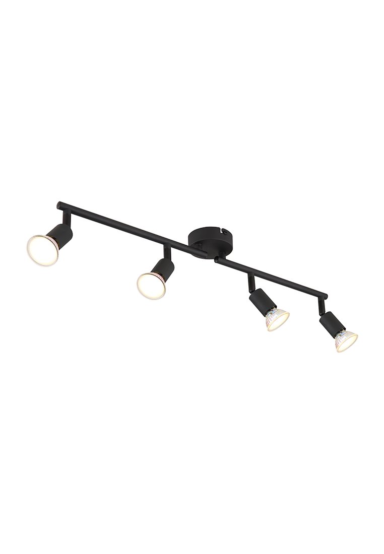 Applique de piste noire avec quatre spots cylindriques, chacun réglable, montés sur une barre horizontale, au design minimaliste.
